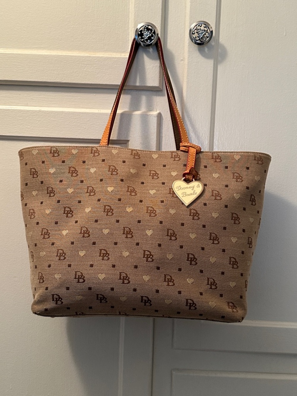 Dooney & Bourke Tan and Brown Logo Heart Charm Tote